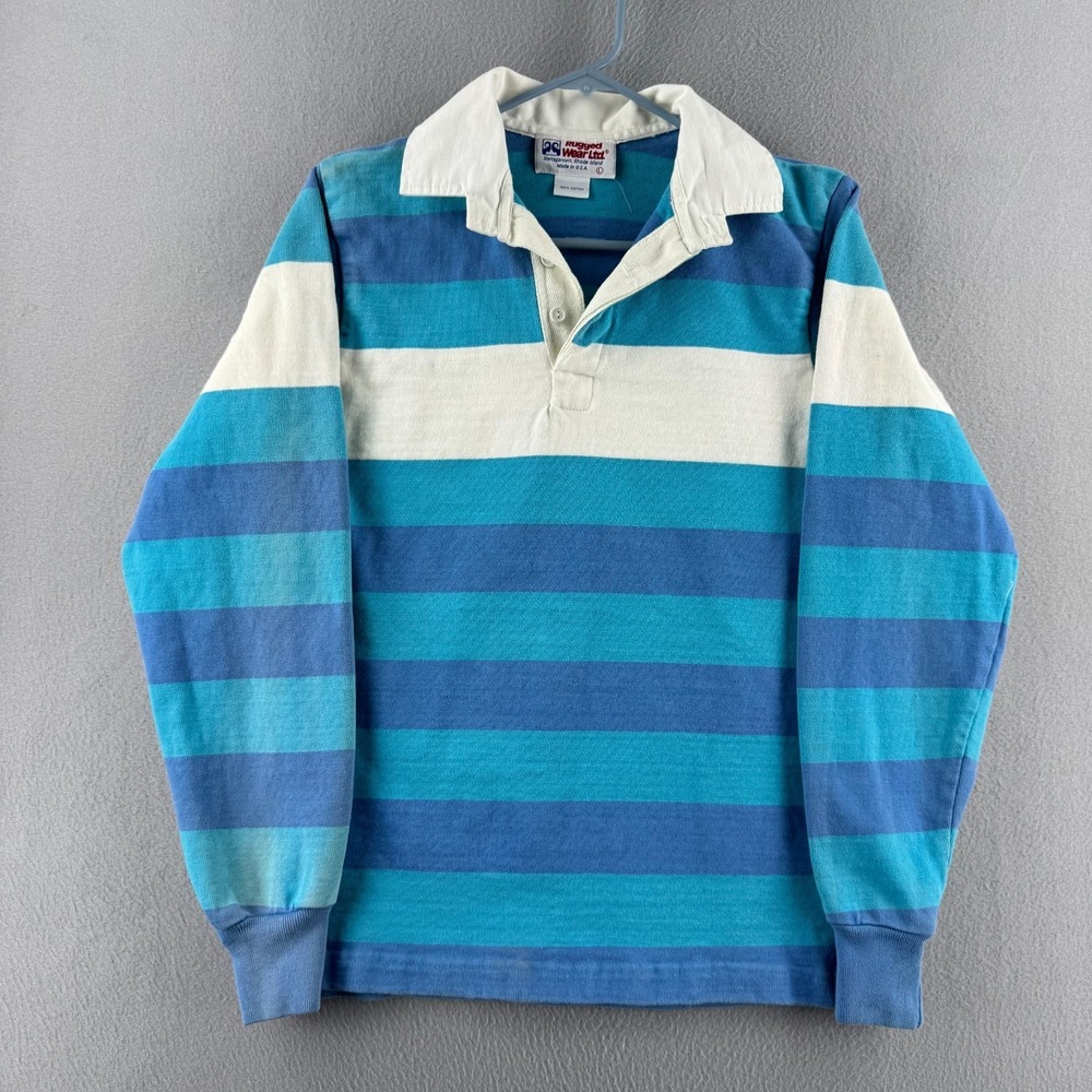 Vintage Rugged Wear Rugby Shirt Mens Large Blue Heavy Cotton 80s USA Polo Preppy